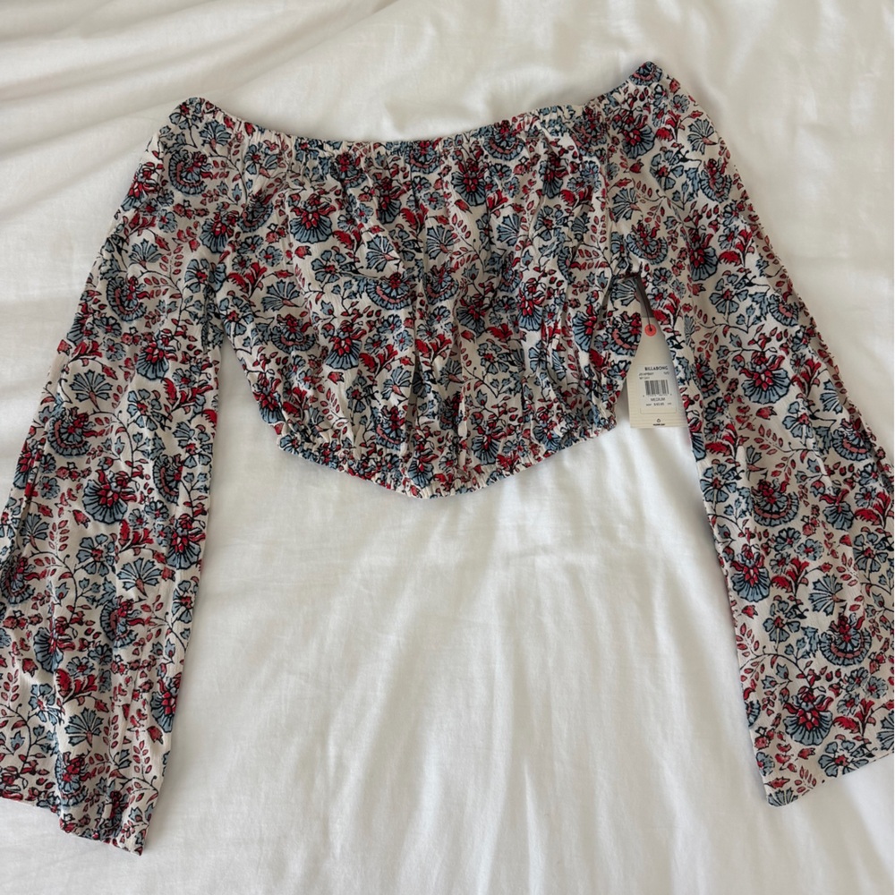 Billabong Cream Floral Off-Shoulder Crop Top with Red & Blue Print